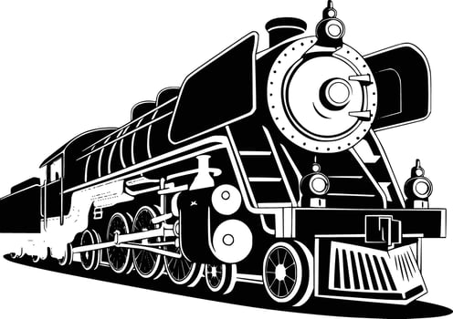Black and white bold illustrations of a steam locomotive, isolated on white background. vector