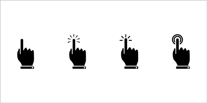 Collection of hand pointing symbols in trendy flat style. Computer mouse clicking cursor on white background. Collection of clicked cursors. Clicking fingers. Hand pointing icon. Cursor vector