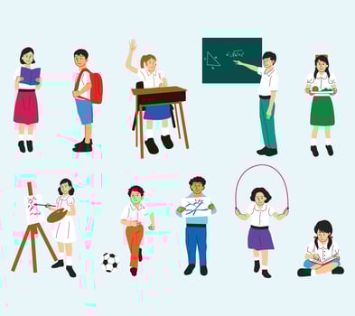 A lively collection of illustrations showing students engaged in various school activities for educational materials, school themed projects, and childrens content. vector