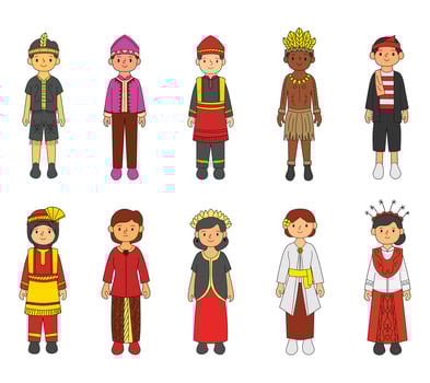 A cultural collection of character illustrations wearing traditional Indonesian attire from various regions. Ideal for heritage projects, cultural education, festive designs, and tourism visuals. vector