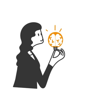 doodle a woman holding a light bulb with a brain inside vector