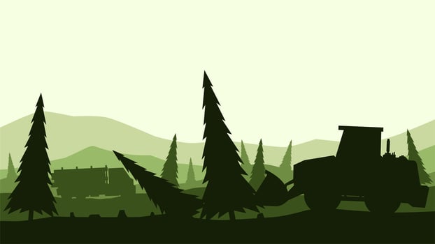 Landscape silhouette of illegal logging in a pine forest. Panoramic view of deforestation with bulldozer and forestry truck. Coniferous forest with illegal tree cutting activity vector