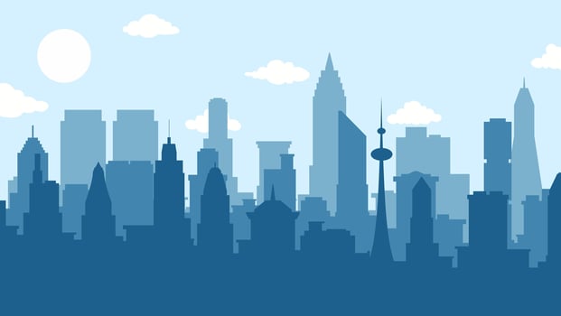Landscape silhouette of city scenery in the morning. Panoramic cityscape with sunrise and clear sky. Scenic skyline building in metropolis area vector