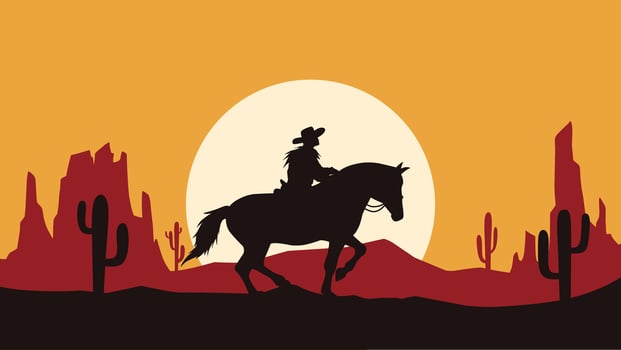Landscape of a cowboy riding a horse in the desert scenery. Panoramic view of wild west desert with cowboy on horseback during sunset. Scenic canyon with butte and cacti vector
