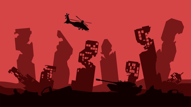 Silhouette of destroyed city in the battlefield landscape. Cityscape of aftermath war in the downtown area with city ruins. Urban apocalypse scene with helicopter and tank vector