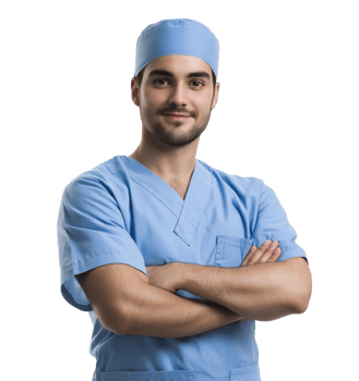 Portrait of a male healthcare worker in blue uniform, standing with arms crossed, isolated on transparent background png