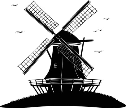 A black and white illustration of a windmill vector