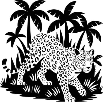A black and white drawing of a leopard in the jungle vector