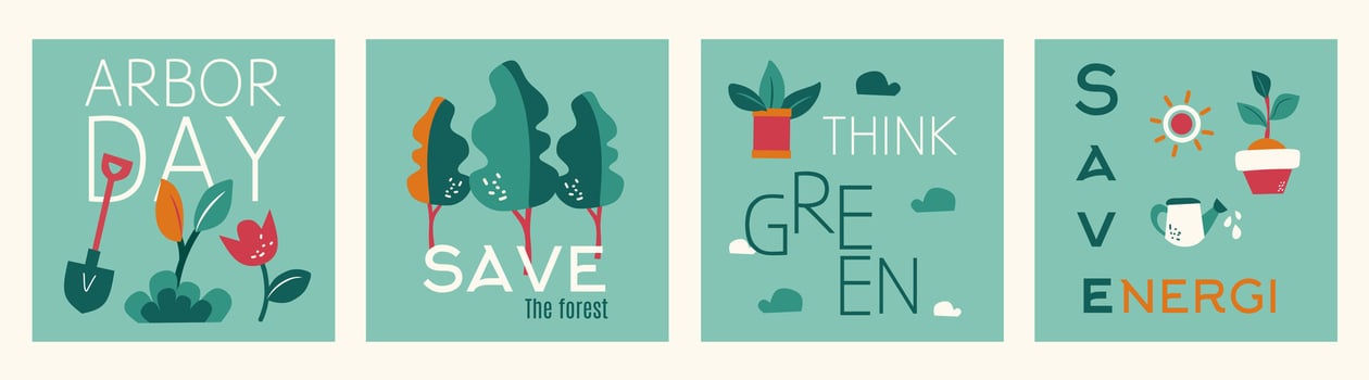 Set of Arbor Day template. Save trees illustration flat graphic with tree, leaves, equipment, typography. Symbols of gardening on green background. Editable collection for poster, banner and cover. vector