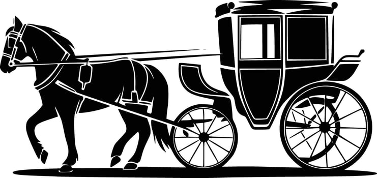 A horse drawn carriage is shown in black and white vector