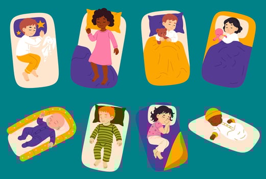 Illustration of eight children and babies sleeping peacefully in beds or swaddles, wearing pajamas and cuddling plush toys, shown in various sleep positions on a teal background vector
