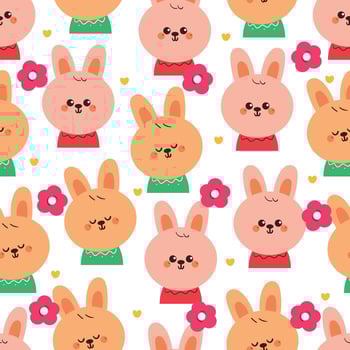 seamless pattern cute cartoon bunnies with red flower. cute animal drawing for wallpaper and background vector