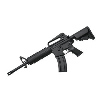 Black modern tactical rifle lies horizontally still on transparent background png