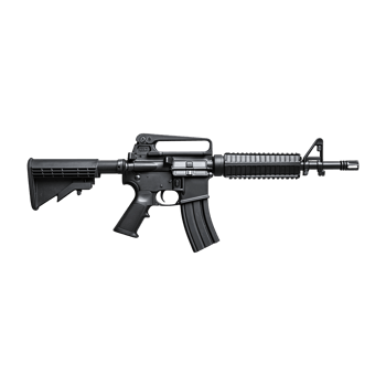 Side view demonstrates modern black assault weapon details on transparent background png