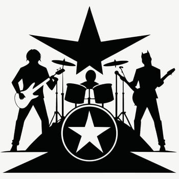 Rock music band silhouette with drummer and guitarists under starry spotlight vector