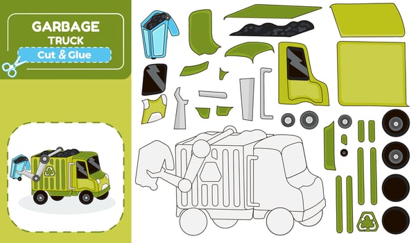 Garbage Truck Paper Model Puzzle Cut and Glue Activity for Kids vector