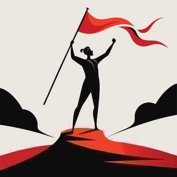 Silhouette of a woman holding flag on summit mountain peak achieving victory leadership concept vector