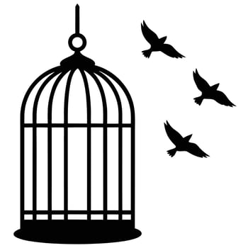 Birdcage with birds flying away silhouette illustration represents freedom and liberation vector