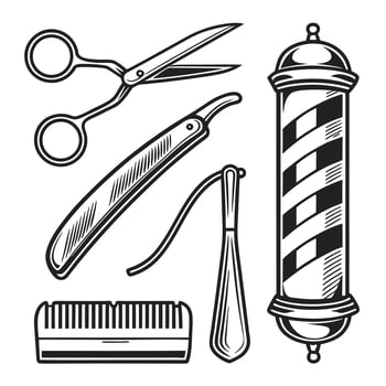 Barber shop tools and equipment illustration featuring scissors straight razor comb brush and barber pole vector