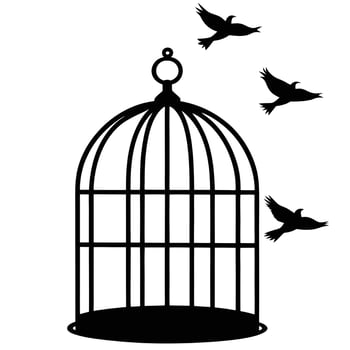 Silhouette of birdcage with birds flying away depicting freedom on white background vector