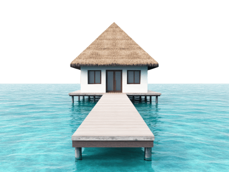 Tranquil wooden cabin on stilts over clear turquoise water png