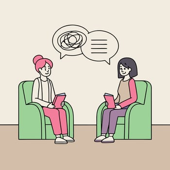 Mental health therapy session illustration two women talking sitting in armchairs vector