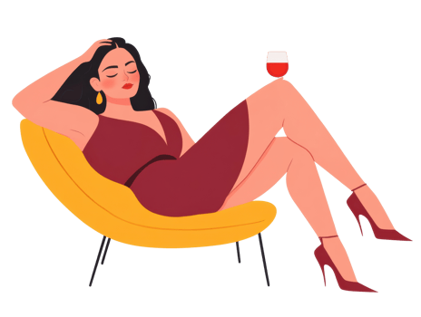 Elegant woman relaxing in stylish chair with red wine glass png