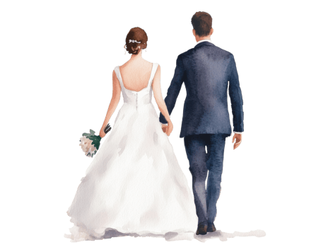 Romantic couple walking together after wedding ceremony with bouquet png
