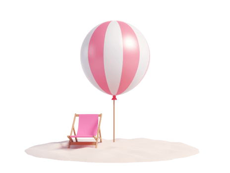 Relaxing summer beach scene with a chair and large ball png