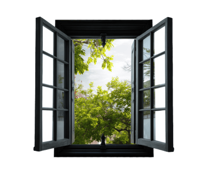 Open window revealing lush greenery and bright daylight outside png