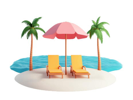 Tropical beach retreat with lounge chairs and palm trees png