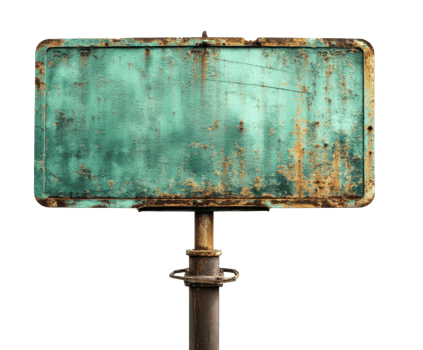 Rusty vintage sign with green patina on metal pole for decoration png