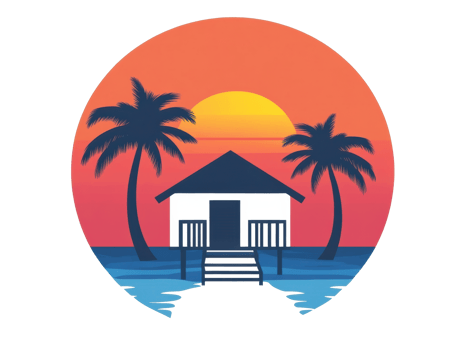 Tropical sunset with a beach house and palm trees png
