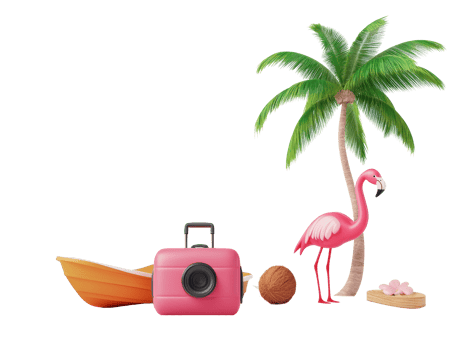 Tropical vacation concept with vibrant flamingo, palm tree and luggage png