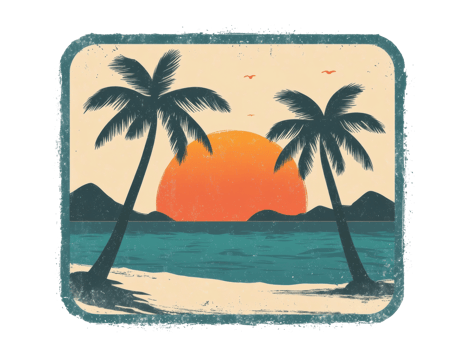 Tropical sunset over beach with palm trees and mountains in view png