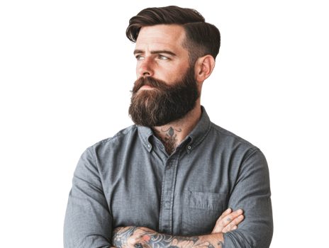 Confident man with beard and tattoos showing style and personality png