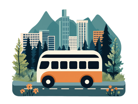 Urban bus traveling through mountainous landscape in a city png