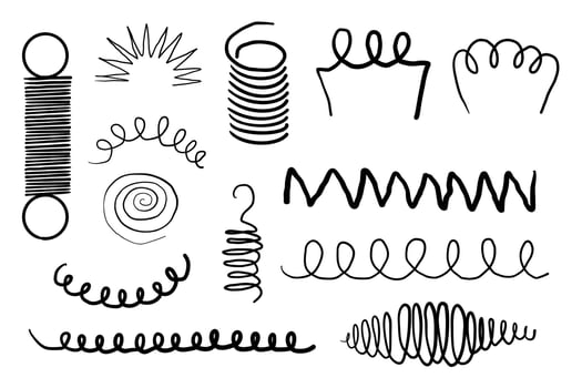 Metal coil spiral bounce metal line hand-drawn doodle. Slinky or wire flexible spring. Set curly wavy twisted shape vector