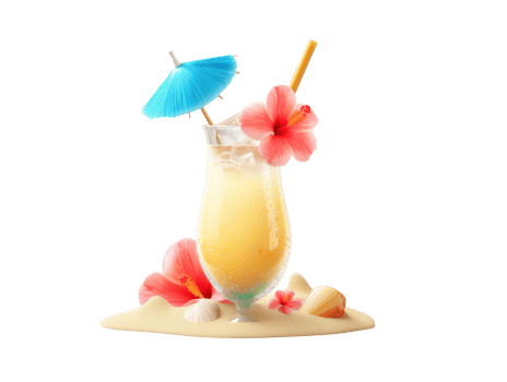 Tropical drink with umbrella and flowers on sandy beach setting png