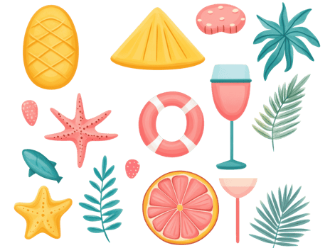 Tropical summer vacation elements for vibrant design projects png