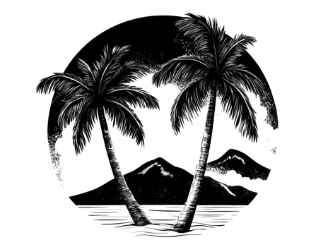 Palm trees and mountains silhouette against a night sky scene png