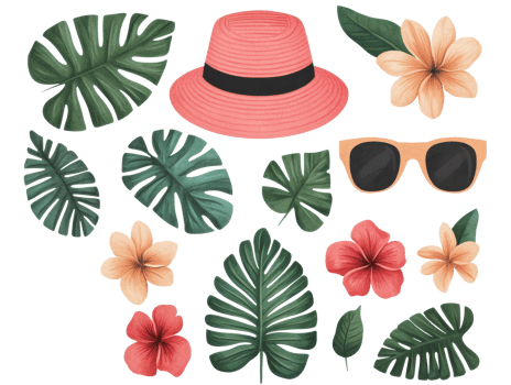 Tropical vacation elements with flowers and accessories for summer fun png