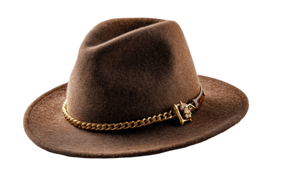 Vintage brown felt hat with decorative chain for stylish outfits png