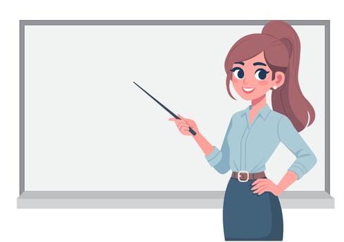 A female teacher is teaching, pointing at the board. vector