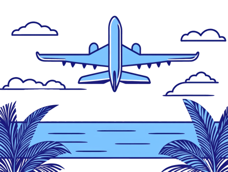 Airplane flying over ocean with palm trees under blue sky png