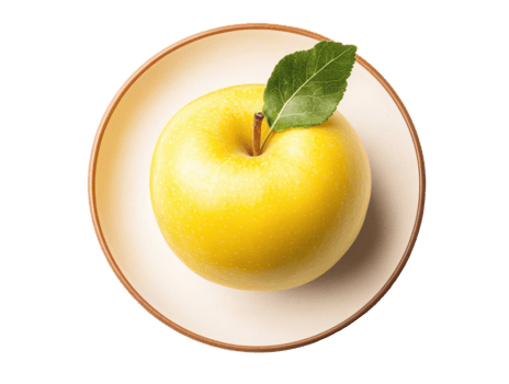 Fresh yellow apple on a wooden plate garnished with a green leaf png