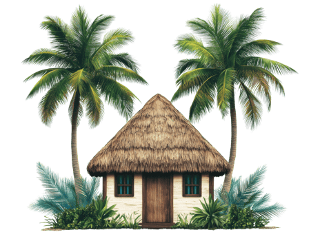 Tropical cottage with palm trees in a lush garden setting png