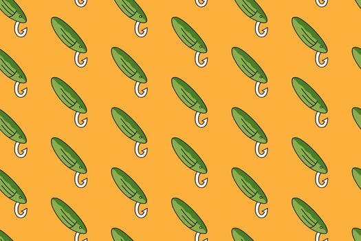tackle with hook fishing gear colorful seamless pattern on yellow background. spinner with fish shape doodle pattern background. lure bait pattern wallpaper for fisherman, angling, fishing merchandise vector