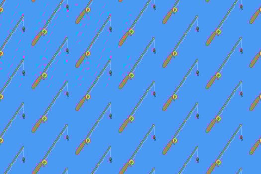 fishing rod with reel, rope, tackle and fishhook colorful doodle illustration seamless pattern on blue background for fisherman, angling, fishing sport club merchandise vector