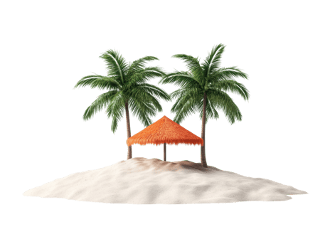 Tropical island getaway with palm trees and a thatched hut png